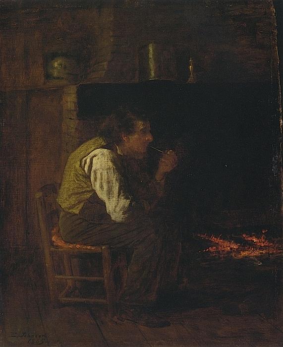 Wikioo.org - The Encyclopedia of Fine Arts - Painting, Artwork by Jonathan Eastman Johnson - Maine Interior - Man with Pipe