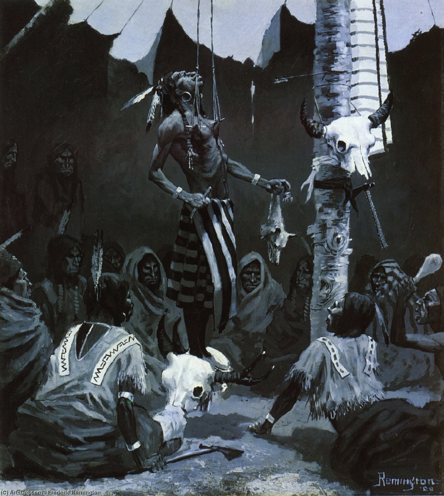 WikiOO.org - Encyclopedia of Fine Arts - Lukisan, Artwork Frederic Remington - Mandan Initiation Ceremony (the Sundance)