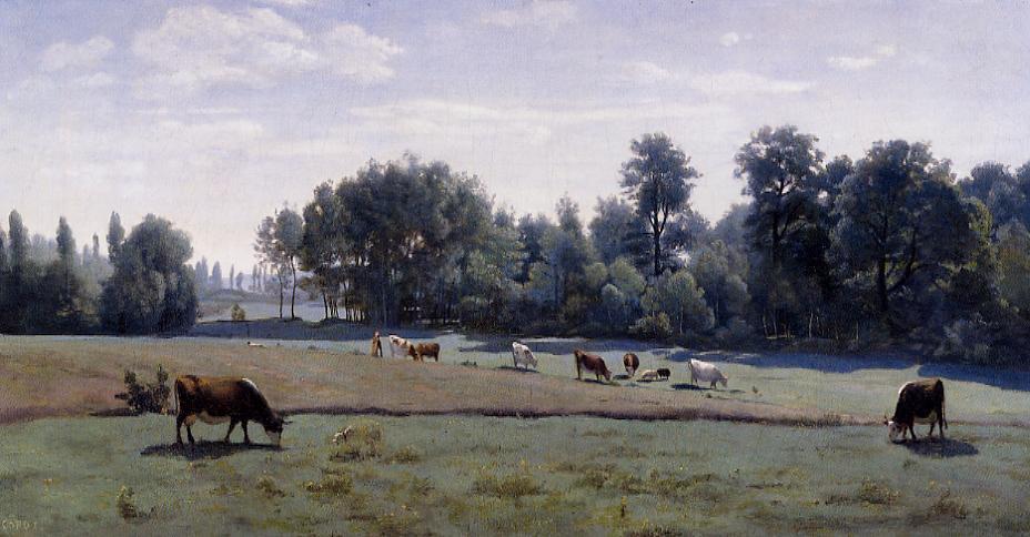 Wikioo.org – L'Encyclopédie des Beaux Arts - Peinture, Oeuvre de Jean Baptiste Camille Corot - Marcoussis - vaches qui paissent