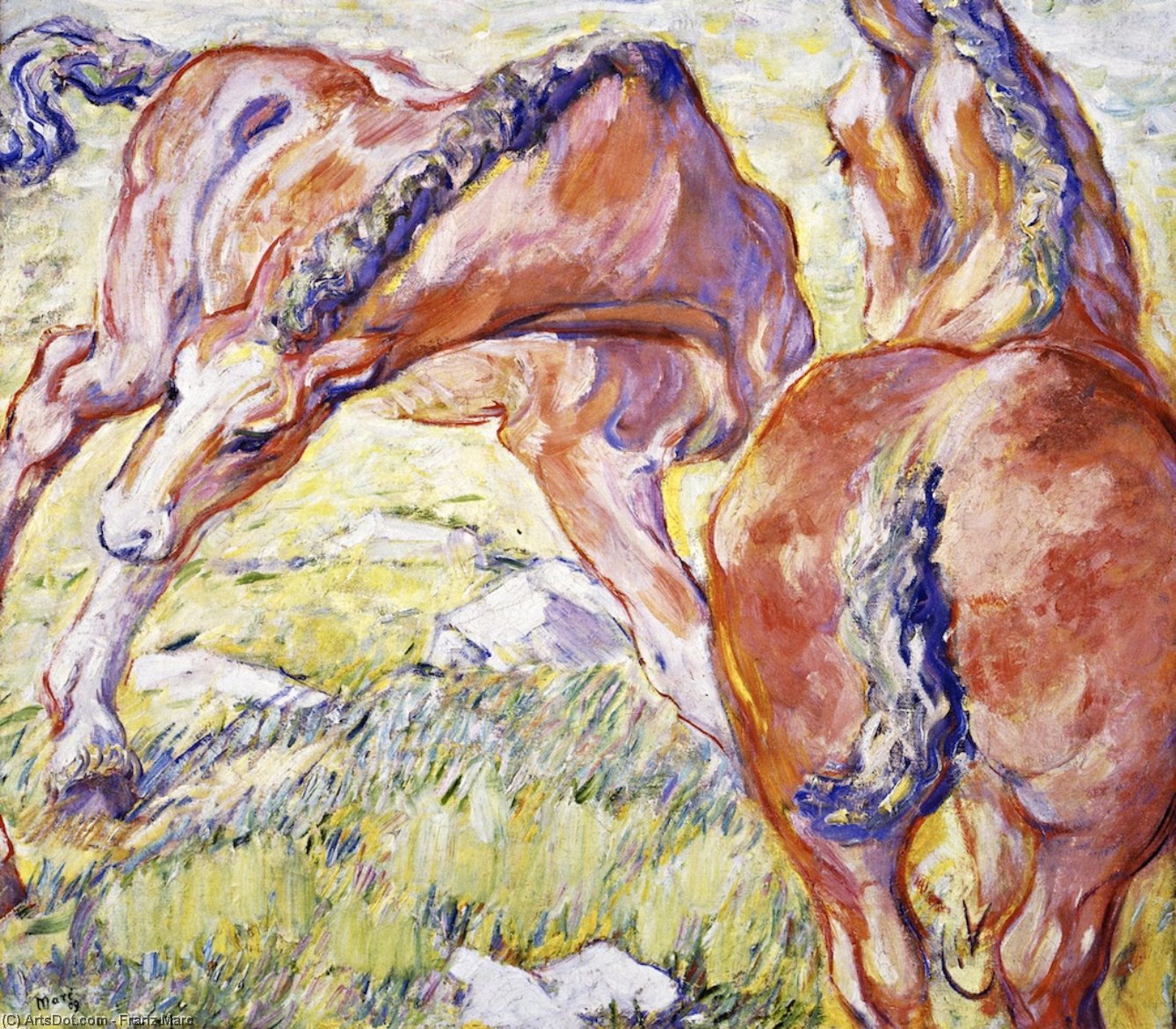 Wikioo.org - Die Enzyklopädie bildender Kunst - Malerei, Kunstwerk von Franz Marc - Stute mit ein Fohlen ( auch bekannt als Pferde, die in der morgen Sonne )