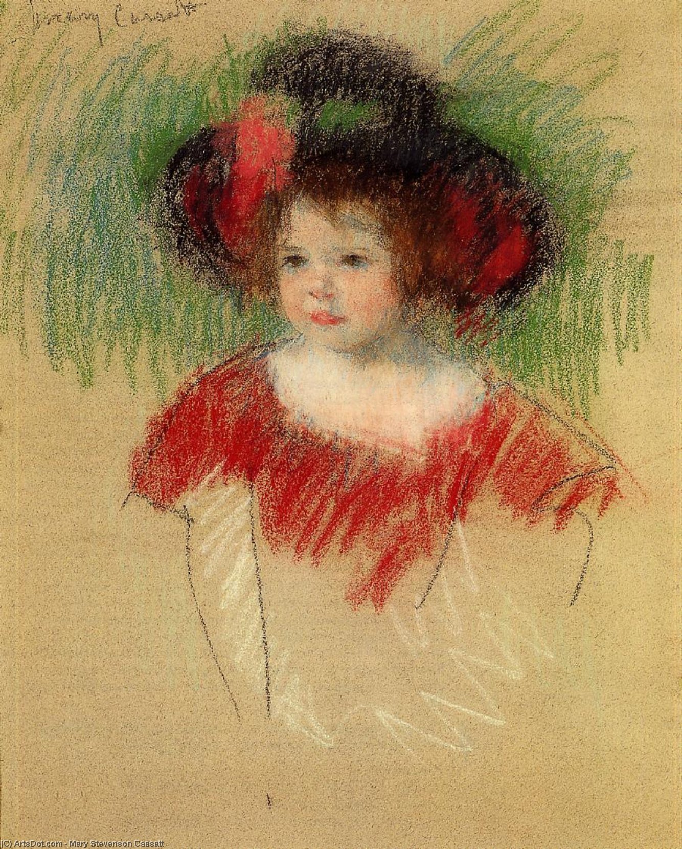 Wikioo.org - The Encyclopedia of Fine Arts - Painting, Artwork by Mary Stevenson Cassatt - Margot in Big Bonnet and Red Dress