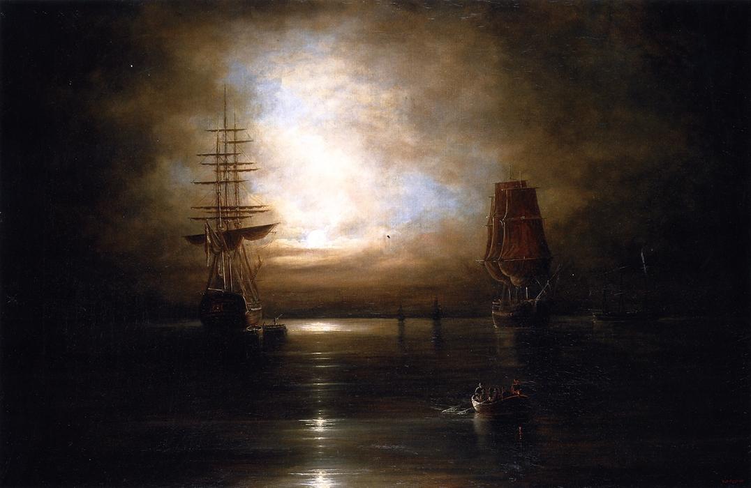 Wikioo.org - Encyklopedia Sztuk Pięknych - Malarstwo, Grafika Cornelius David Krieghoff - Marine View - Moonlight (after Grolig)