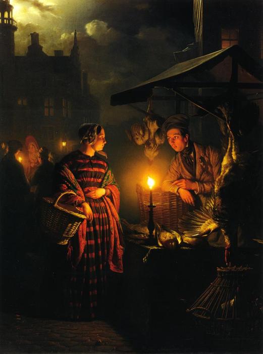 WikiOO.org - Encyclopedia of Fine Arts - Maleri, Artwork Petrus Van Schendel - Market Place by Candlelight