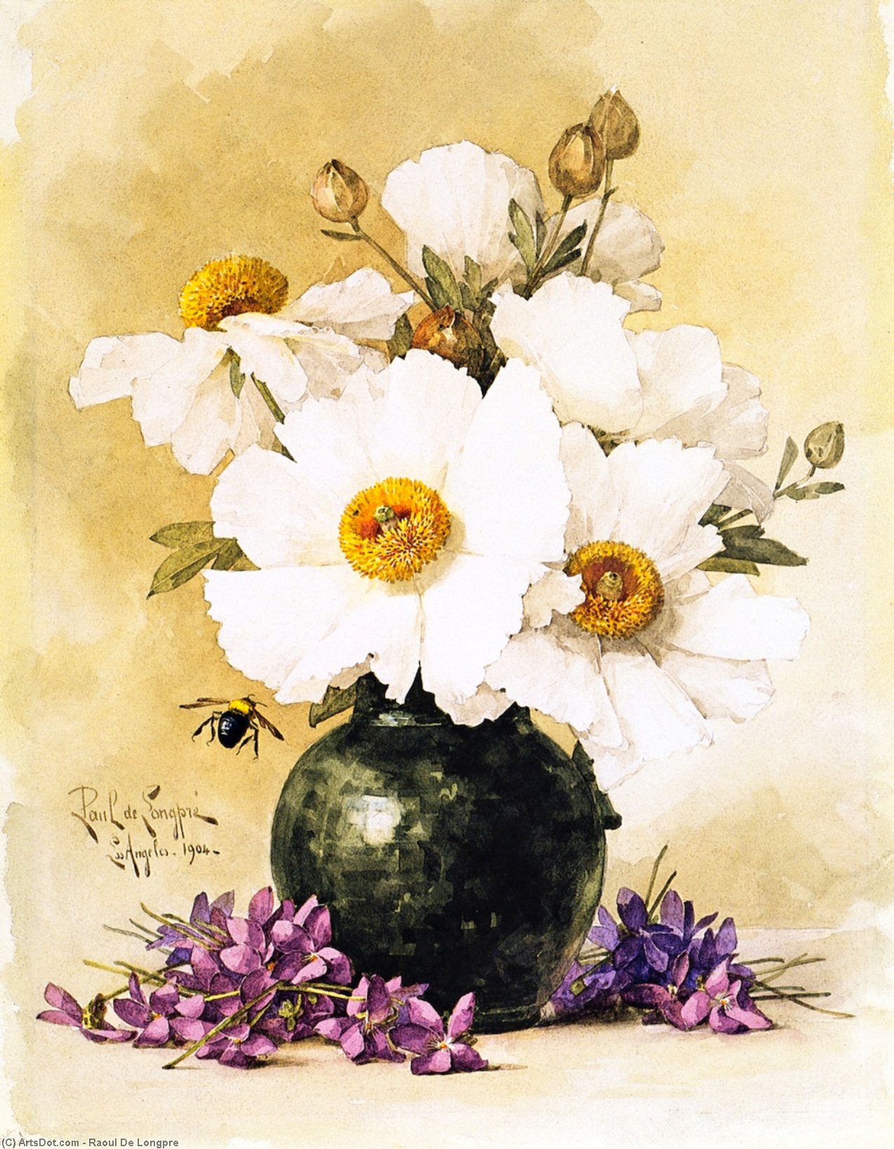Wikioo.org - The Encyclopedia of Fine Arts - Painting, Artwork by Raoul De Longpre - Matilija Poppies and California Violets