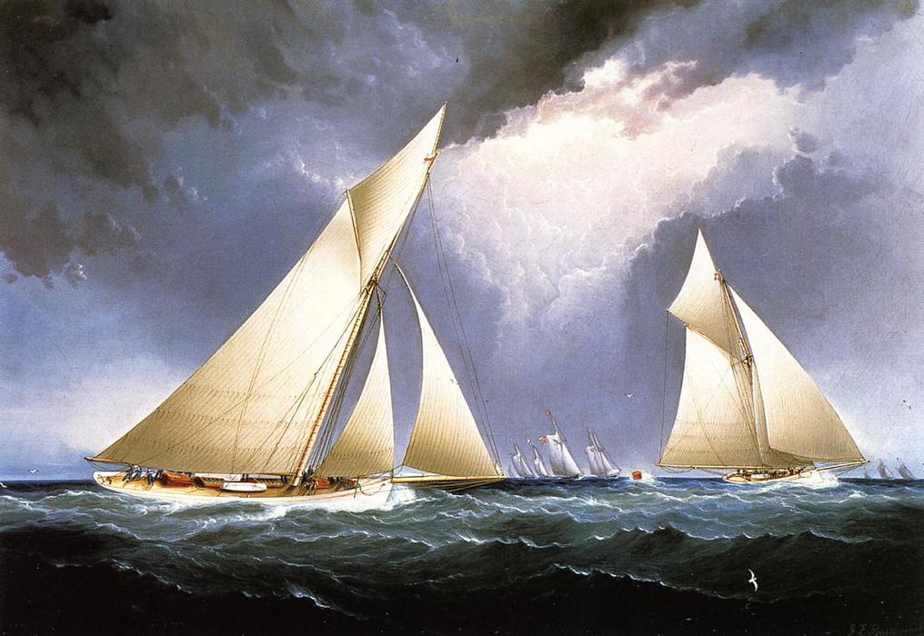 Wikioo.org - สารานุกรมวิจิตรศิลป์ - จิตรกรรม James Edward Buttersworth - 'Mayflower' Leading 'Puritan', America's Cup Trial Race, 1886