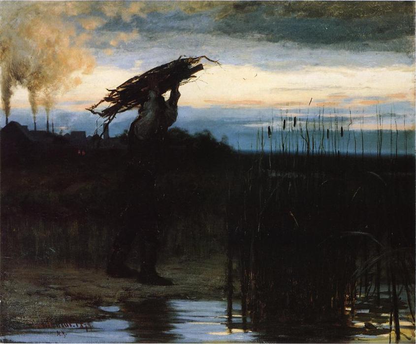 Wikioo.org - The Encyclopedia of Fine Arts - Painting, Artwork by William Gilbert Gaul - Man Carrying Sticks at Dusk