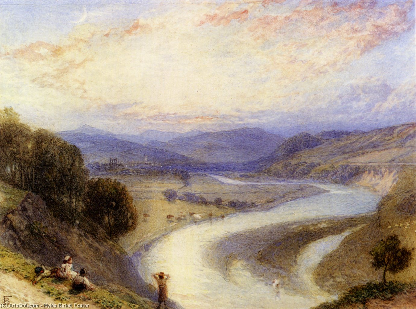 Wikioo.org - The Encyclopedia of Fine Arts - Painting, Artwork by Myles Birket Foster - Melrose Abbey from the Banks of the Tweed