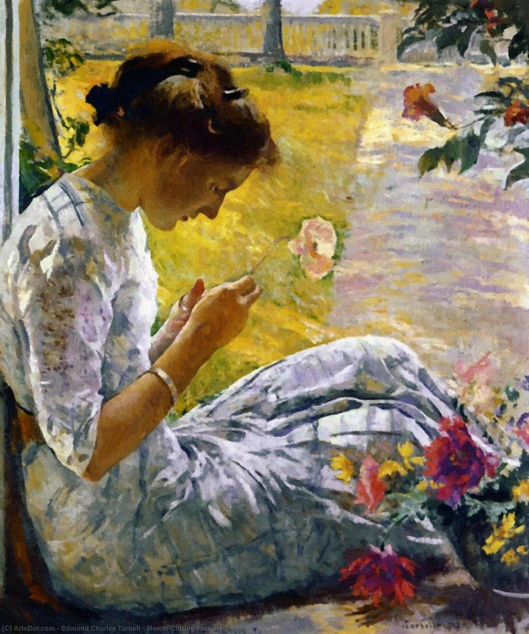 WikiOO.org - אנציקלופדיה לאמנויות יפות - ציור, יצירות אמנות Edmund Charles Tarbell - Mercie Cutting Flowers