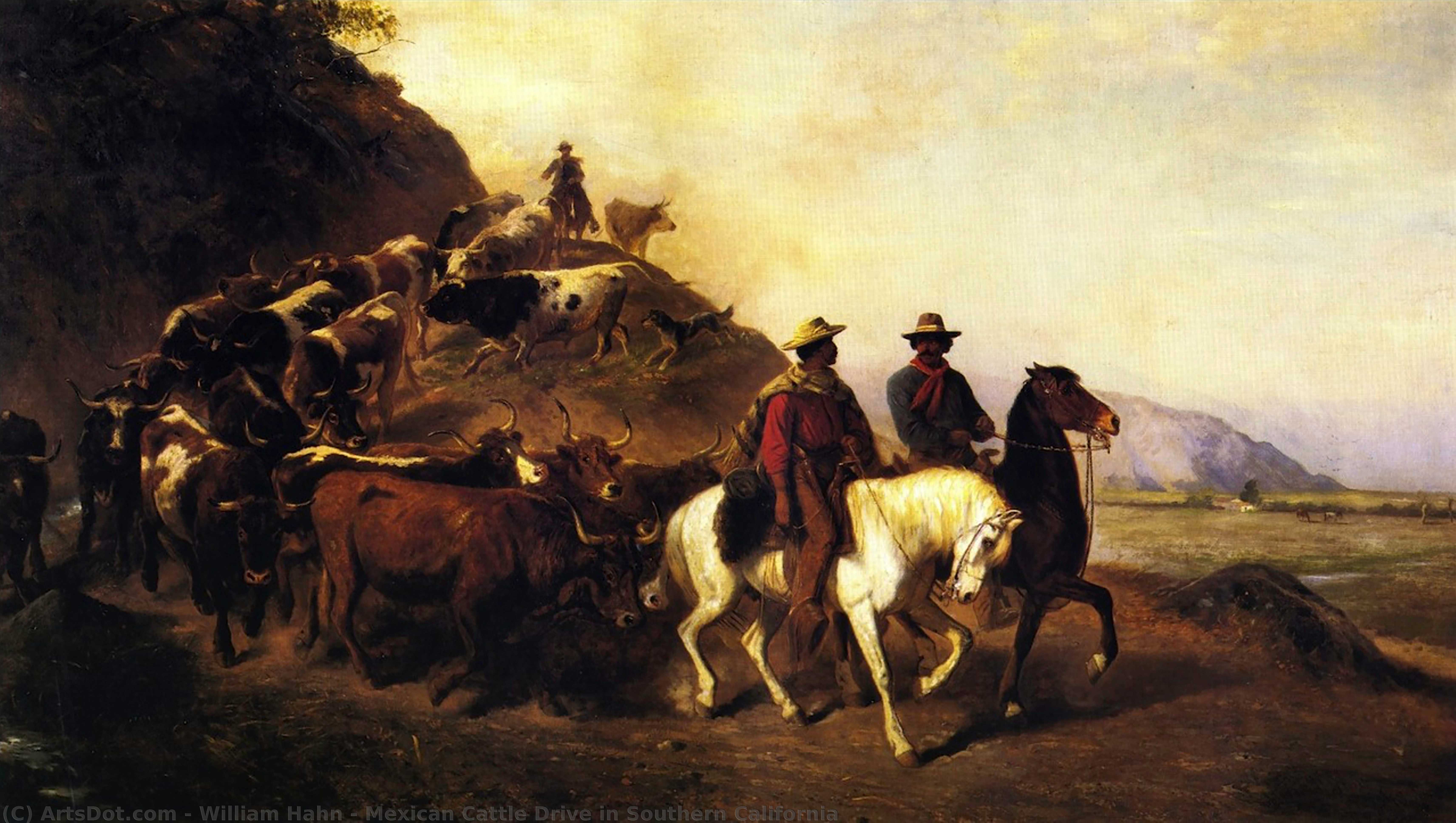 Wikioo.org - The Encyclopedia of Fine Arts - Painting, Artwork by William Hahn - Mexican Cattle Drive in Southern California