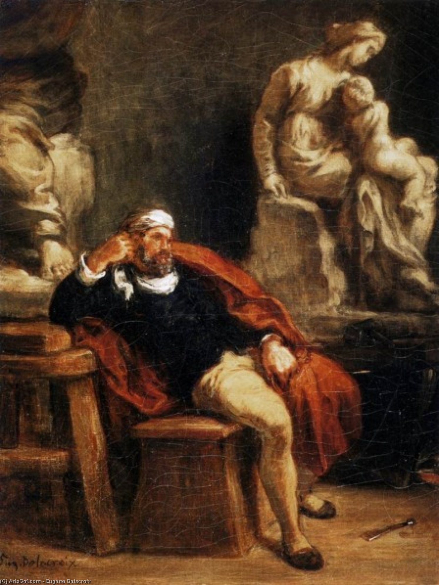 WikiOO.org - Энциклопедия изобразительного искусства - Живопись, Картины  Eugène Delacroix - Микеланджело в  его  студии