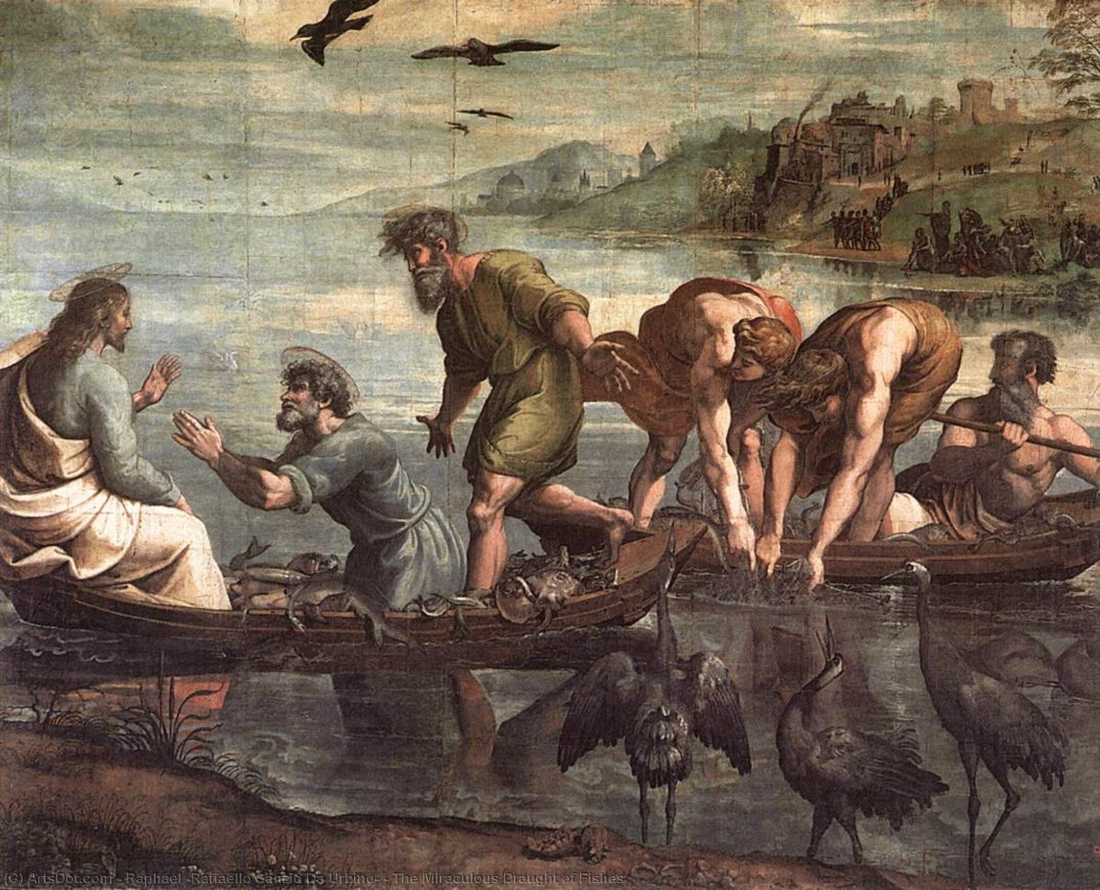 Wikioo.org – La Enciclopedia de las Bellas Artes - Pintura, Obras de arte de Raphael (Raffaello Sanzio Da Urbino) - La pesca milagrosa