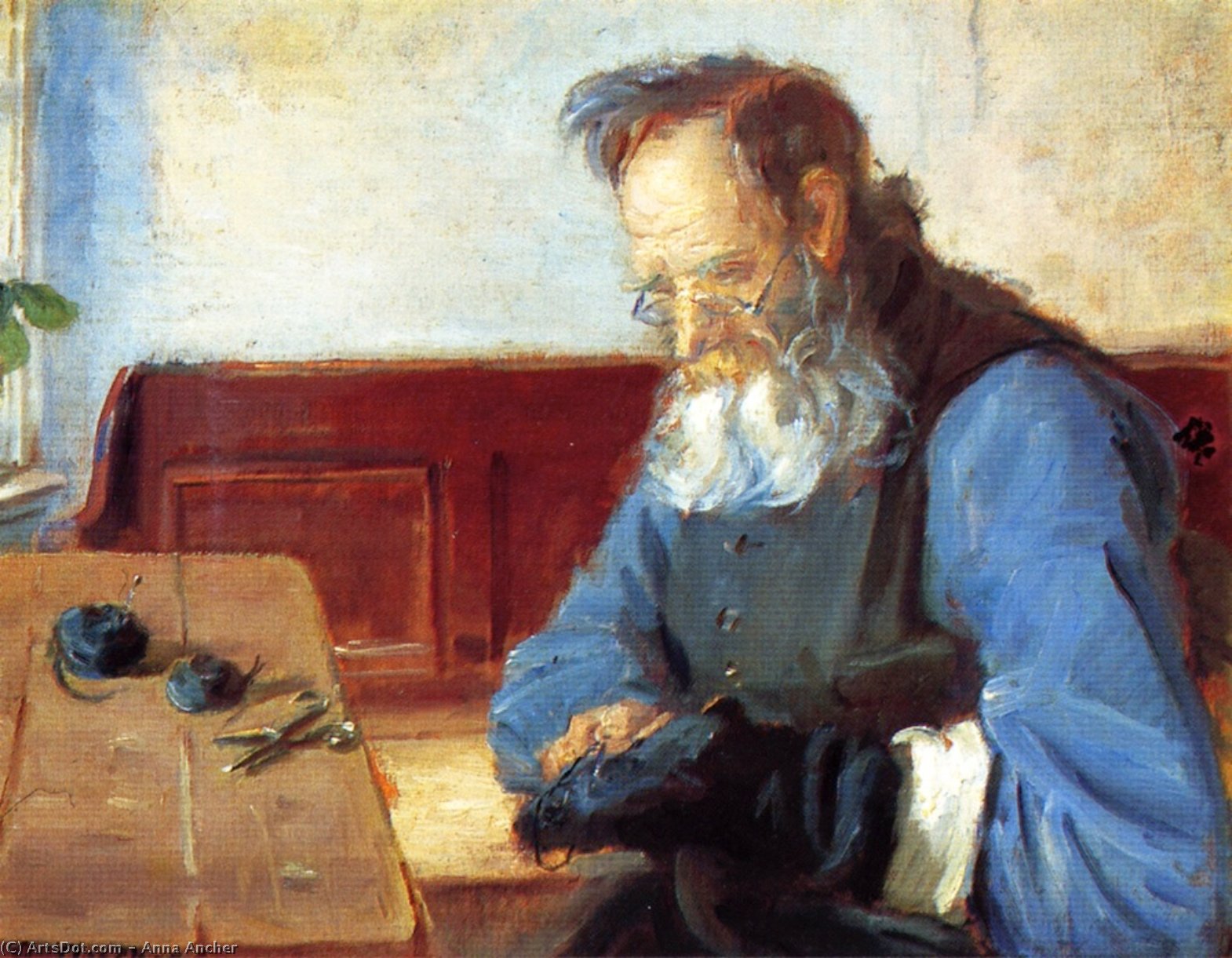 Wikioo.org - The Encyclopedia of Fine Arts - Painting, Artwork by Anna Kirstine Ancher - A Man Mending Socks