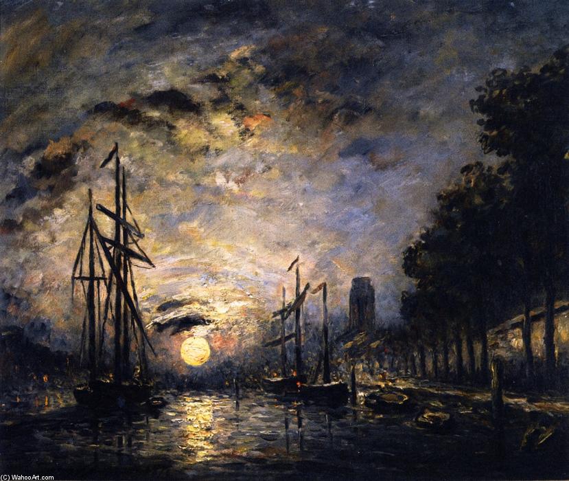 Wikioo.org - The Encyclopedia of Fine Arts - Painting, Artwork by Johan Barthold Jongkind - Moonlight over a Canal, Dordrecht