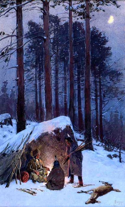 Wikioo.org - The Encyclopedia of Fine Arts - Painting, Artwork by Henry F Farny - Moonlit Indian Encampment