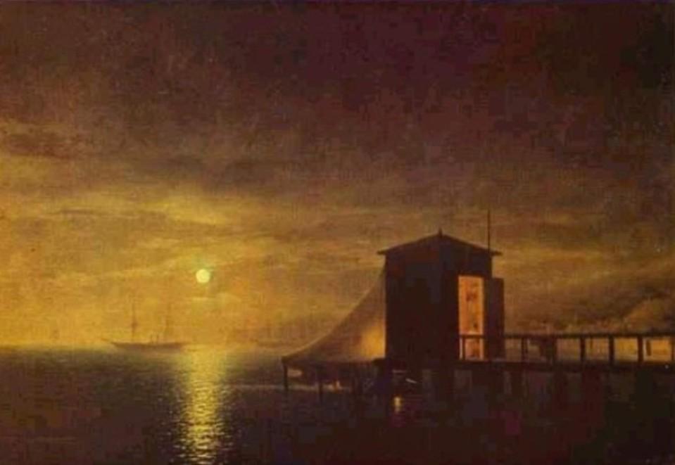 Wikioo.org - The Encyclopedia of Fine Arts - Painting, Artwork by Ivan Aivazovsky - Moonlit Night. A Bathing Hut in Feodosia.