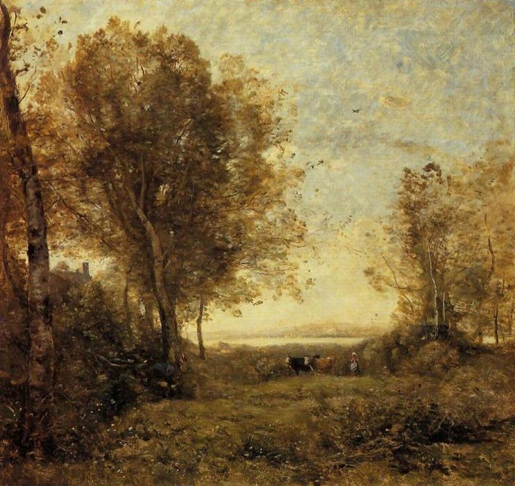 Wikioo.org - The Encyclopedia of Fine Arts - Painting, Artwork by Jean Baptiste Camille Corot - Morning - Woman Hearding Cows
