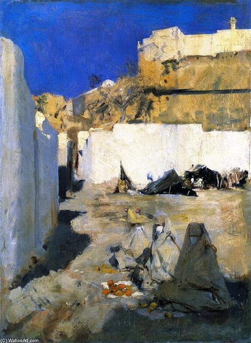Wikioo.org - The Encyclopedia of Fine Arts - Painting, Artwork by John Singer Sargent - Moroccan Fortress, with Three Women in the Foreground (also known as Bedouin Women)