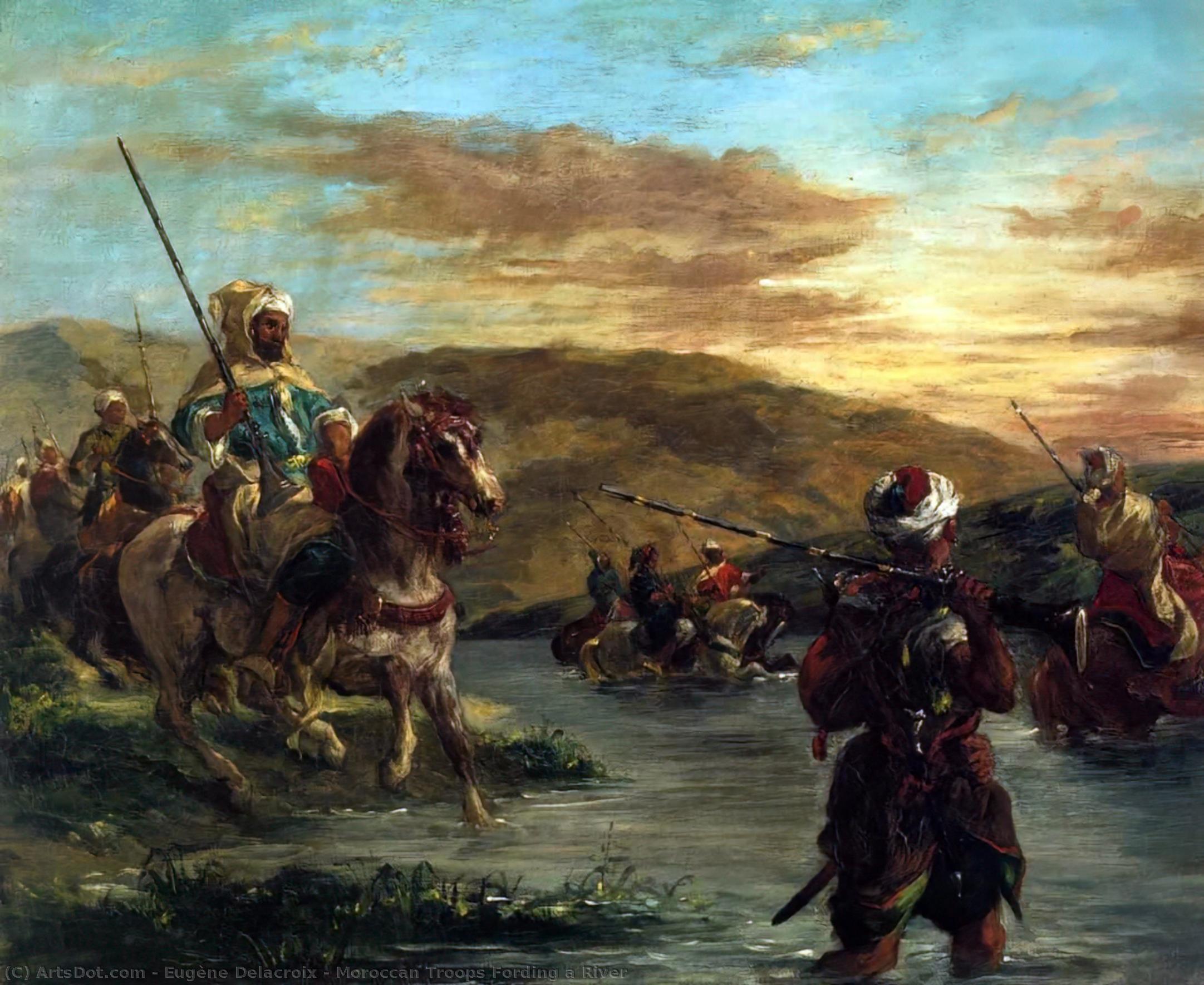 Wikioo.org - Die Enzyklopädie bildender Kunst - Malerei, Kunstwerk von Eugène Delacroix - Marokkaner Kampftruppe  durchwatend  Ein  fluss