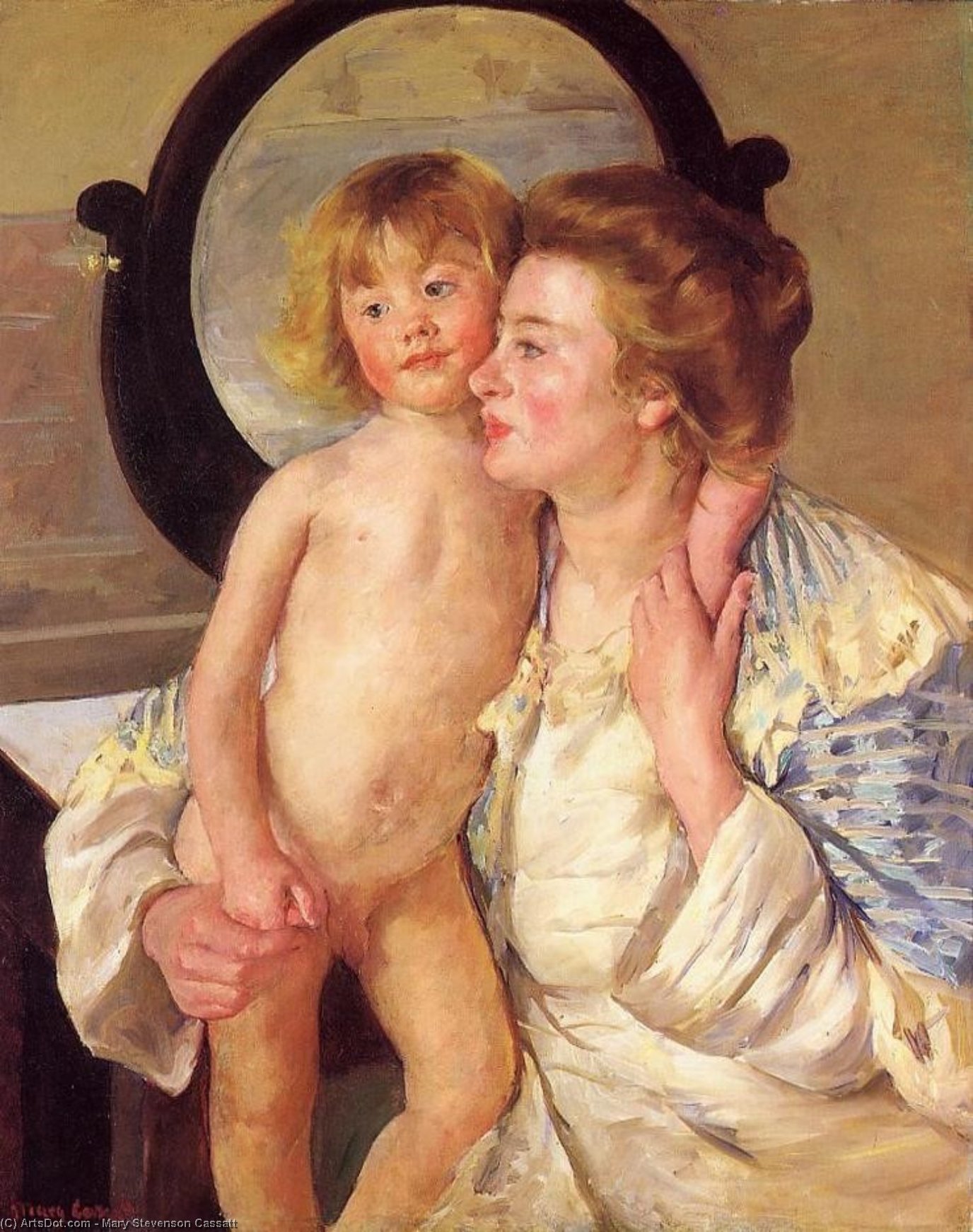 Wikioo.org - The Encyclopedia of Fine Arts - Painting, Artwork by Mary Stevenson Cassatt - Mother and Child (also known as The Oval Mirror)