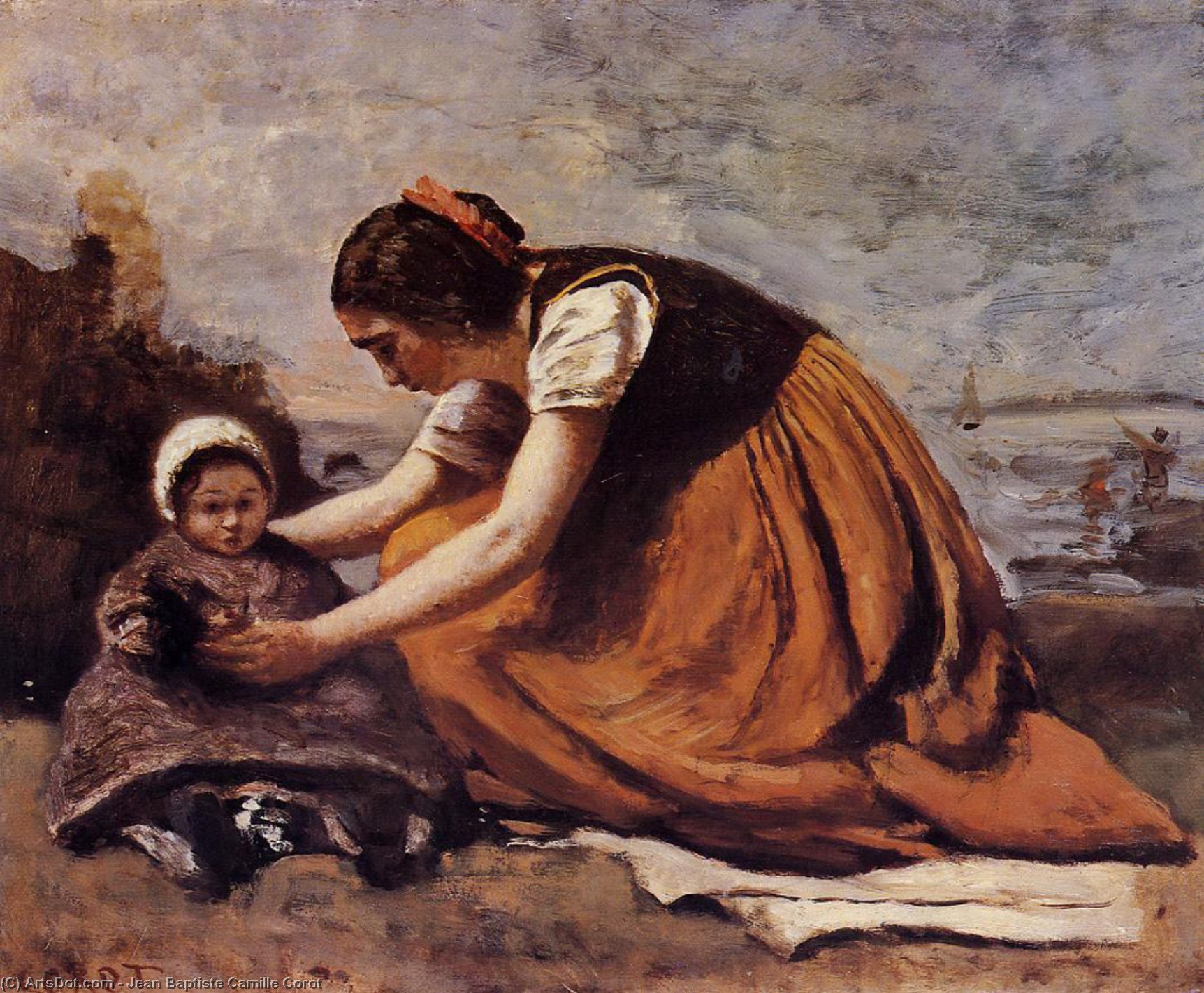 WikiOO.org – 美術百科全書 - 繪畫，作品 Jean Baptiste Camille Corot - 母亲  和  孩子  上 河岸
