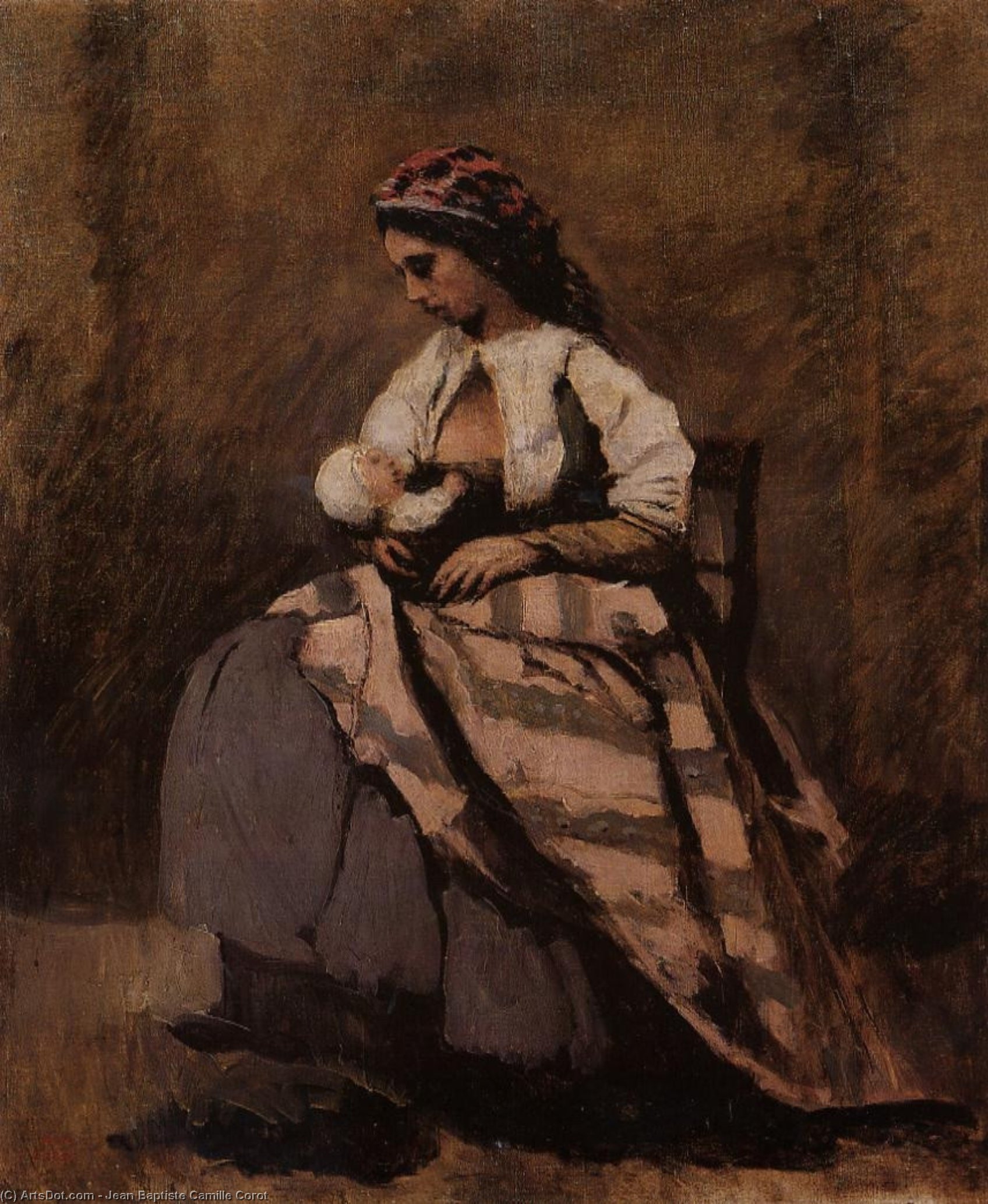 WikiOO.org – 美術百科全書 - 繪畫，作品 Jean Baptiste Camille Corot - 母亲 丰胸  喂养  她  孩子