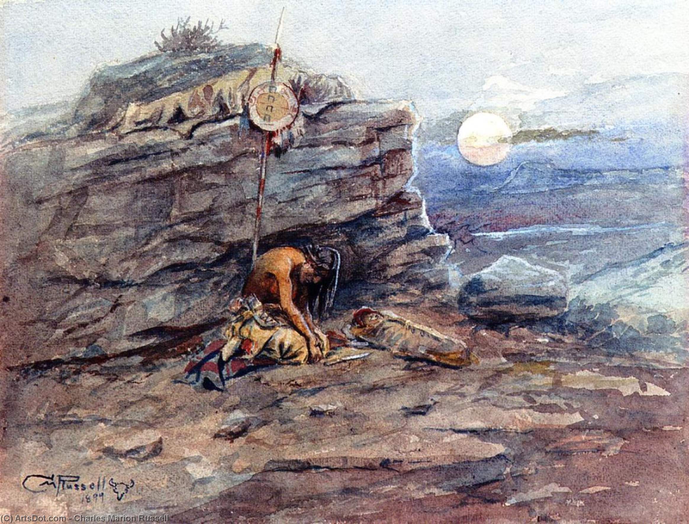 Wikioo.org - The Encyclopedia of Fine Arts - Painting, Artwork by Charles Marion Russell - Mourning Her Warrior Dead