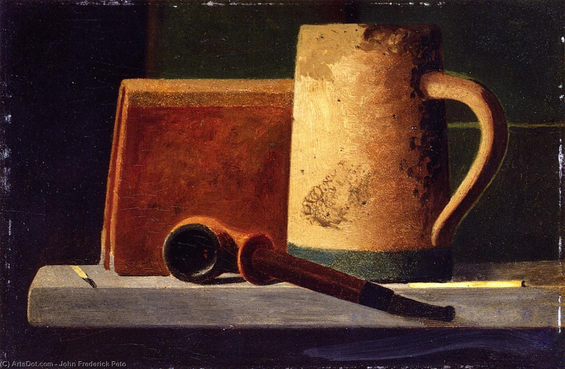 Wikioo.org - The Encyclopedia of Fine Arts - Painting, Artwork by John Frederick Peto - Mug, Pipe and Book in Window Ledge