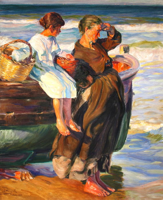 WikiOO.org - Enciclopédia das Belas Artes - Pintura, Arte por José Mongrell Torrent - Mujer y niña en la playa de cullera