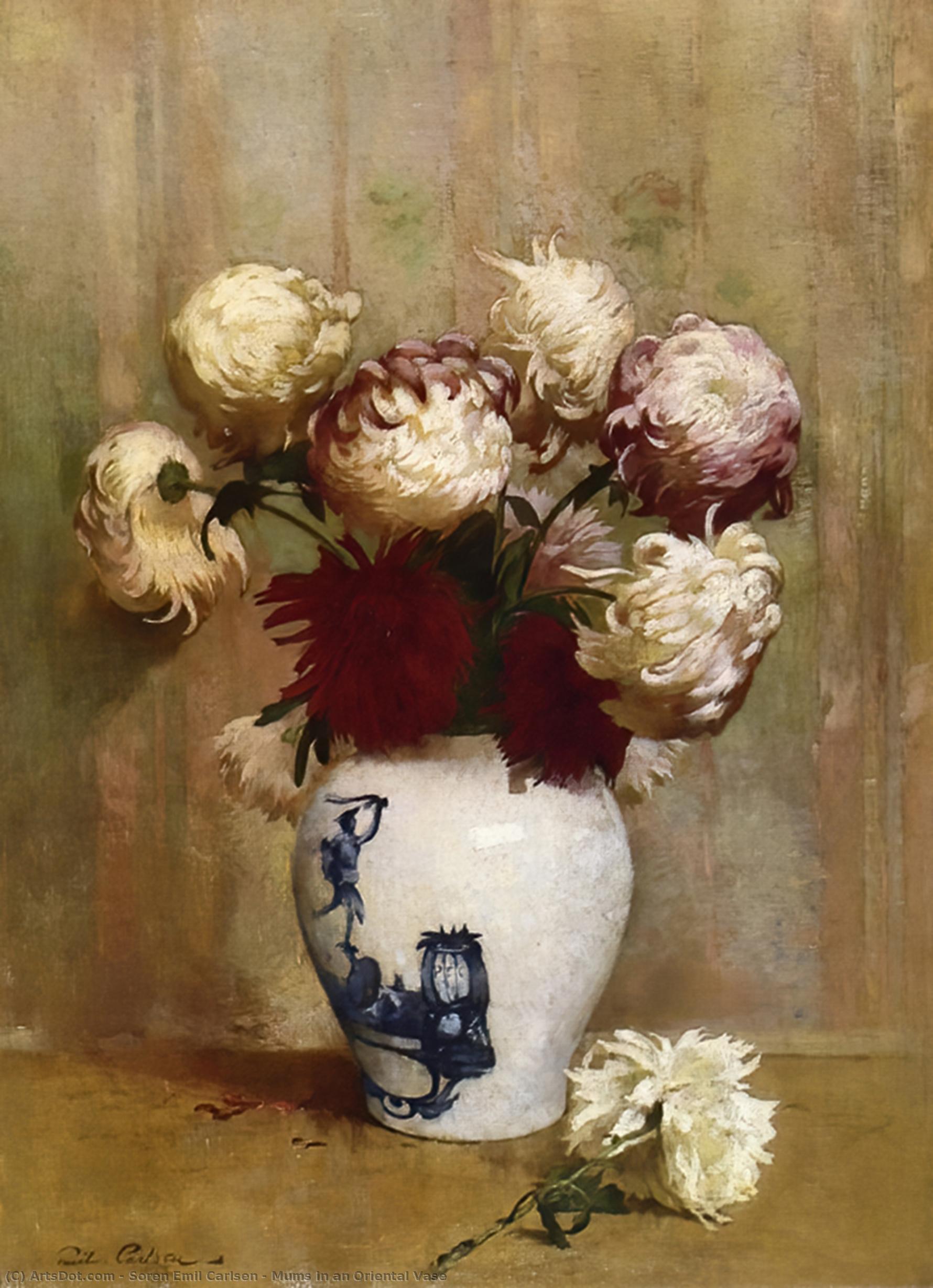 Wikioo.org - Bách khoa toàn thư về mỹ thuật - Vẽ tranh, Tác phẩm nghệ thuật Soren Emil Carlsen - Mums in an Oriental Vase