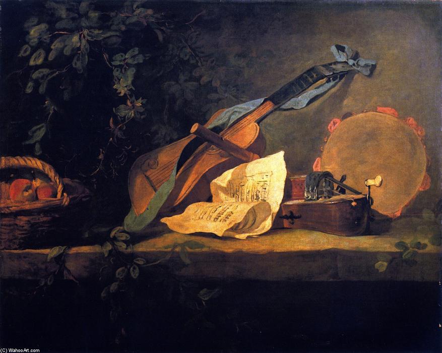WikiOO.org - Encyclopedia of Fine Arts - Maleri, Artwork Jean-Baptiste Simeon Chardin - Musical Instruments and Basket of Fruit