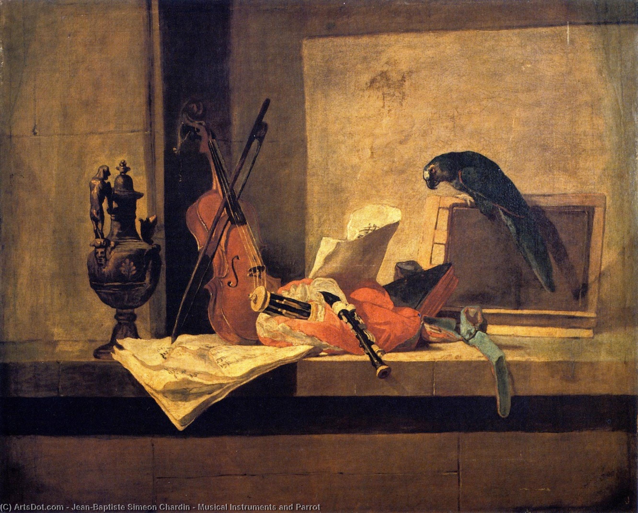 Wikioo.org - The Encyclopedia of Fine Arts - Painting, Artwork by Jean-Baptiste Simeon Chardin - Musical Instruments and Parrot