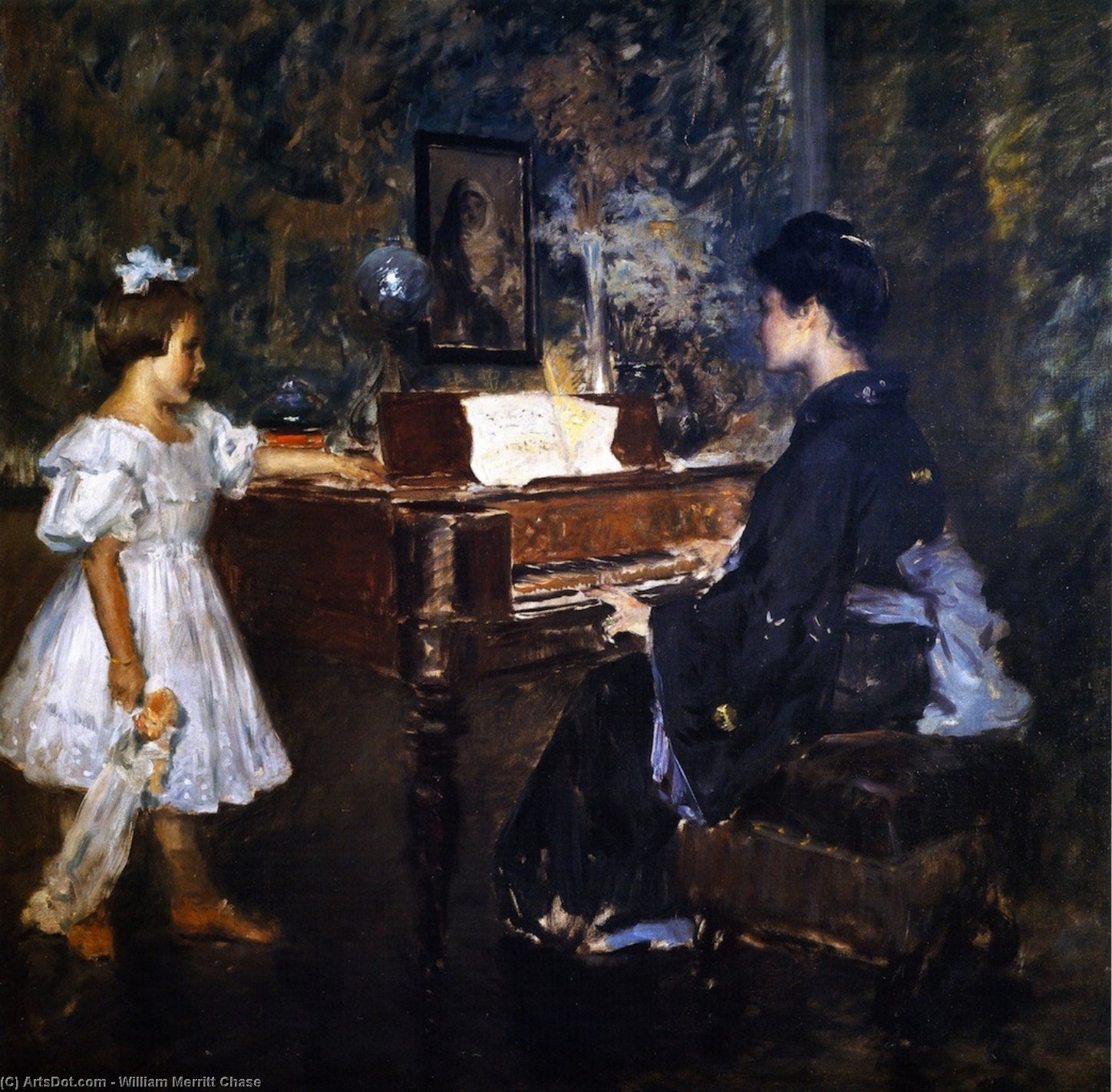 Wikioo.org - The Encyclopedia of Fine Arts - Painting, Artwork by William Merritt Chase - The Music Lesson (also known as An Interlude)