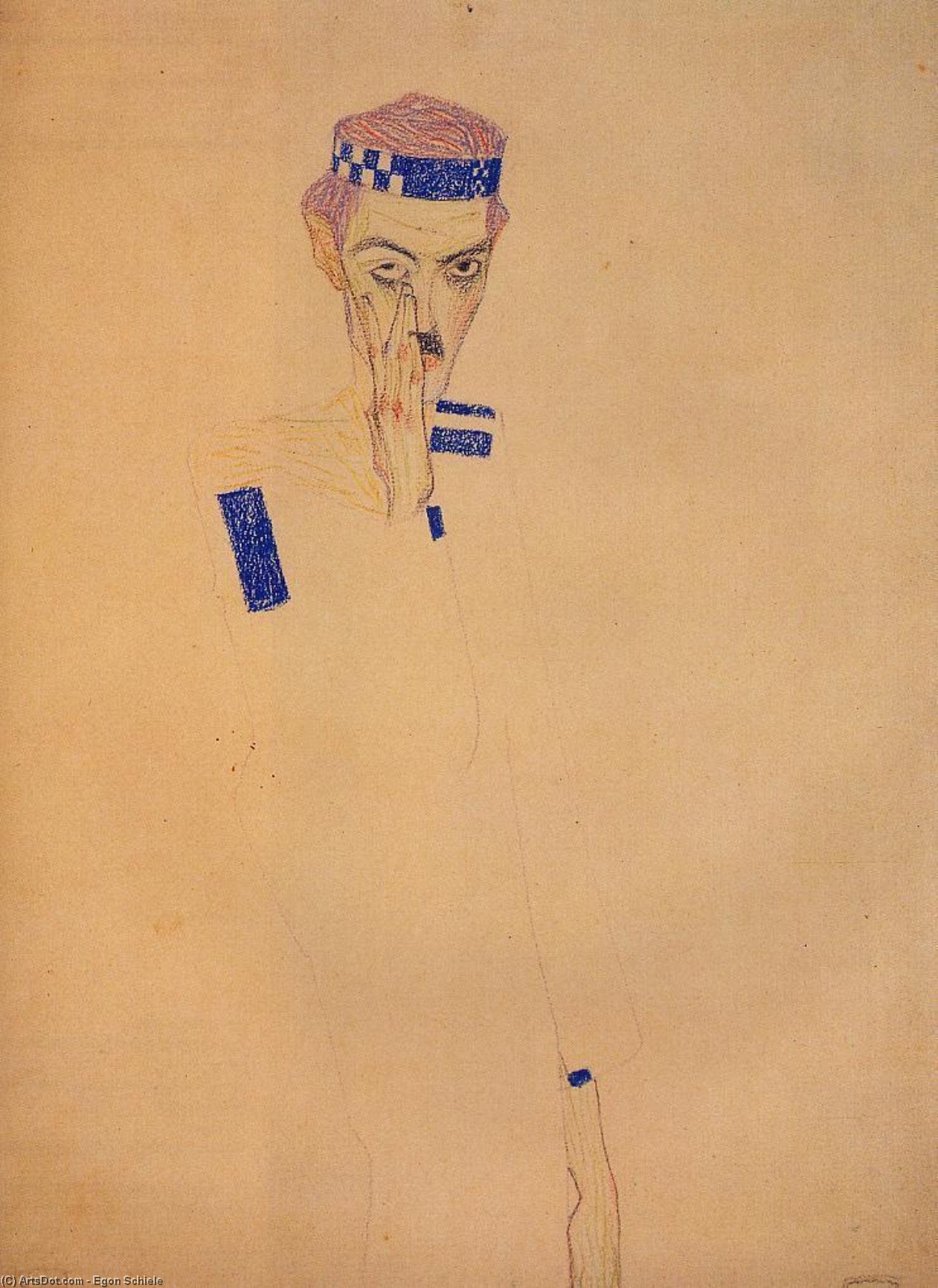 Wikioo.org - The Encyclopedia of Fine Arts - Painting, Artwork by Egon Schiele - Man with Blue Headband and Hand on Cheek