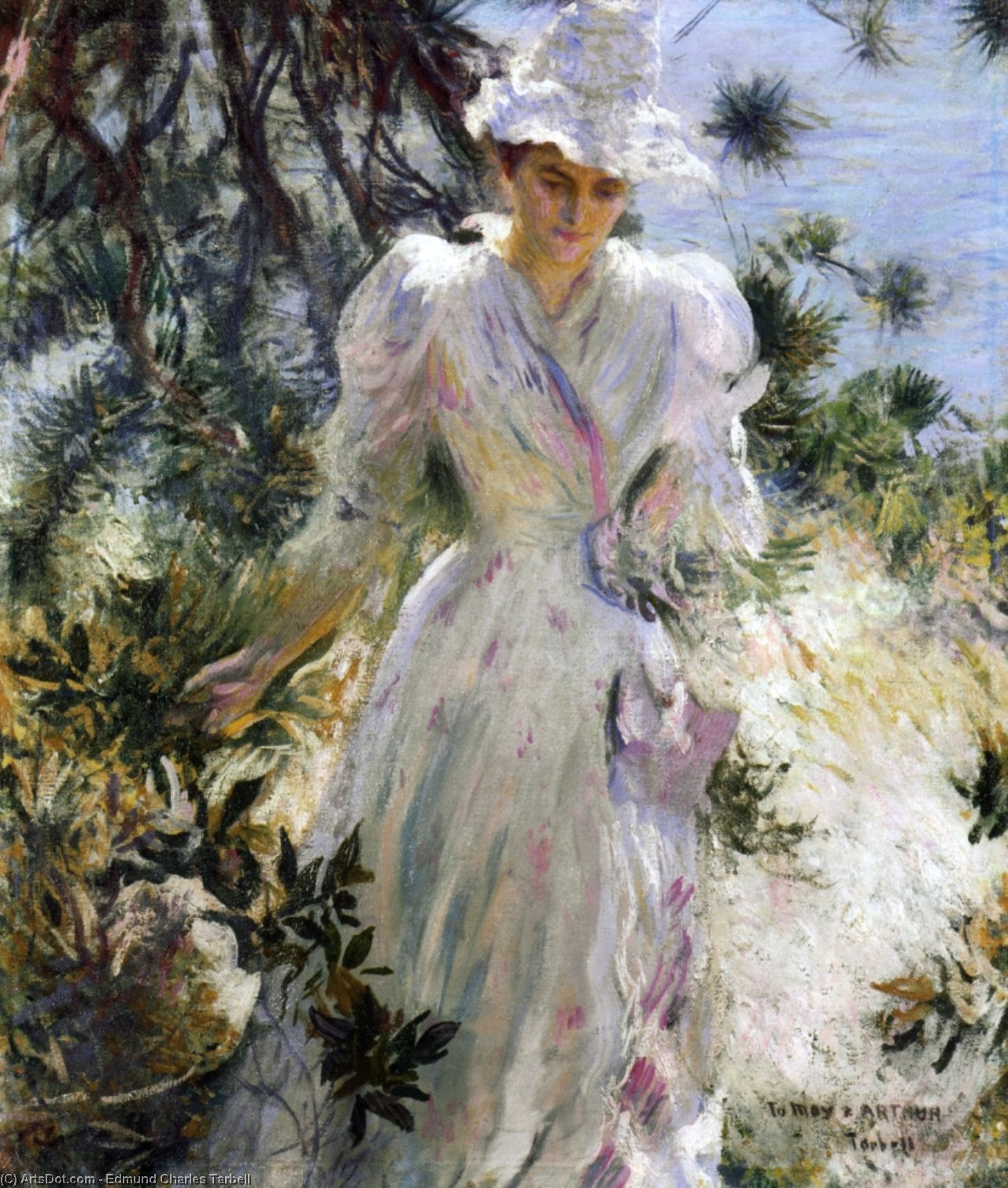 Wikioo.org – L'Enciclopedia delle Belle Arti - Pittura, Opere di Edmund Charles Tarbell - mia moglie , Emeline , in un giardino