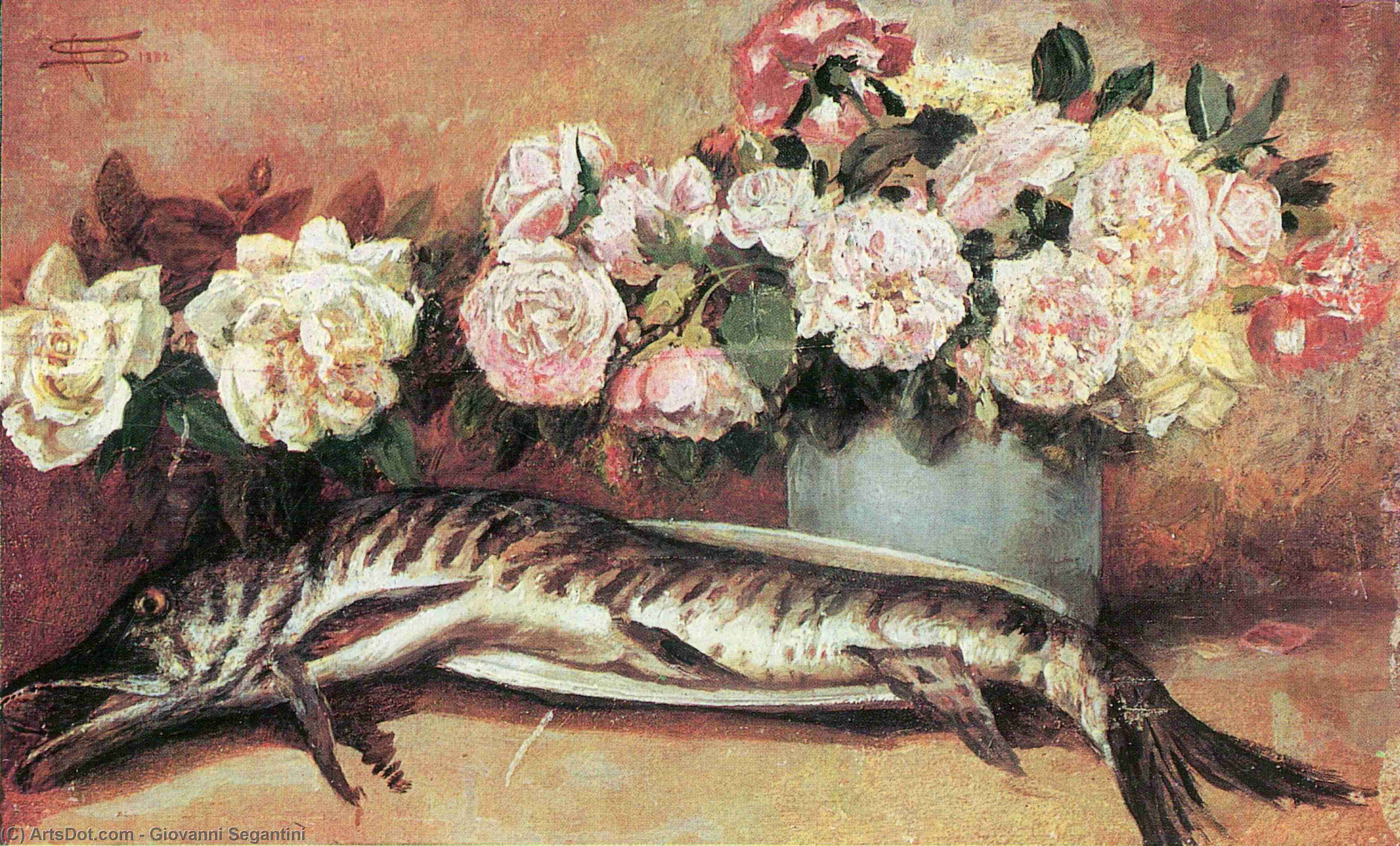 WikiOO.org - Encyclopedia of Fine Arts - Maleri, Artwork Giovanni Segantini - Natura morta con fiori e pesce