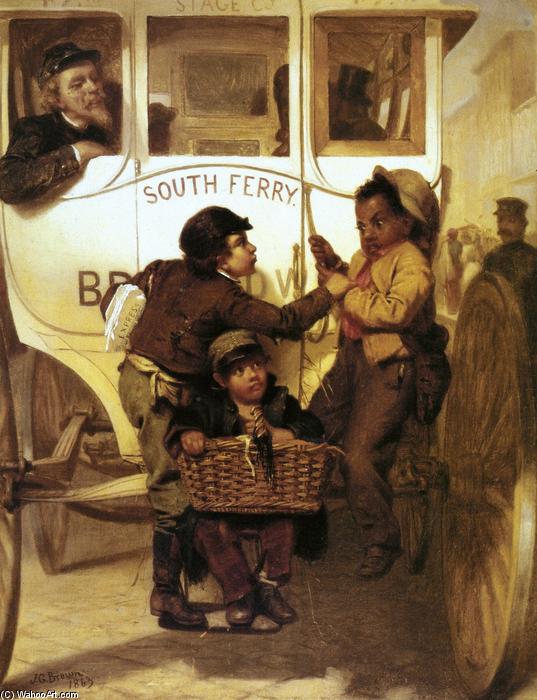 WikiOO.org - 백과 사전 - 회화, 삽화 John George Brown - A Newspaper Boy Hitching a Ride (also known as Colored People Not Allowed on This LIne)
