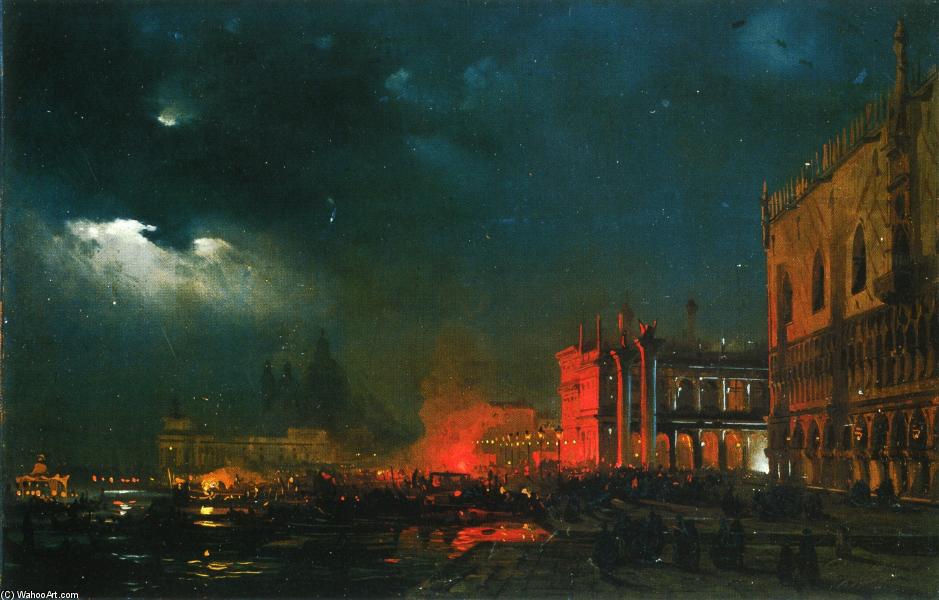 Wikioo.org - The Encyclopedia of Fine Arts - Painting, Artwork by Ippolito Caffi - Night Festival on the Molo di San Marco upon the Feast Day of the Archduke Massimiliano d'Asborgo