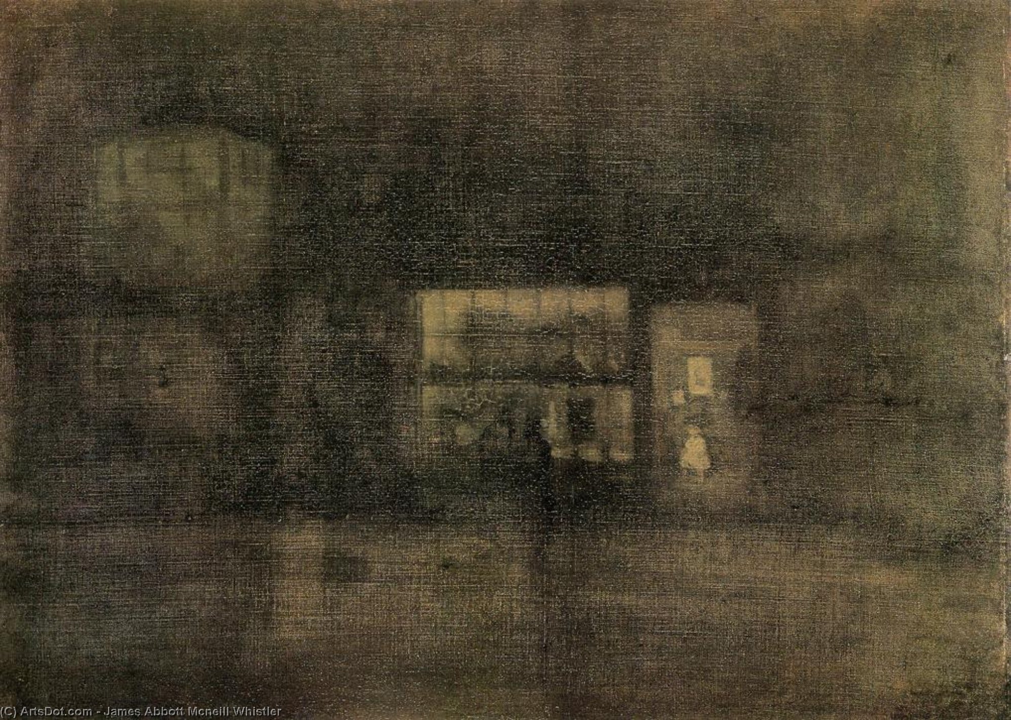 Wikioo.org - The Encyclopedia of Fine Arts - Painting, Artwork by James Abbott Mcneill Whistler - Nocturne: Black and Gold - The Rag Shop, Chelsea
