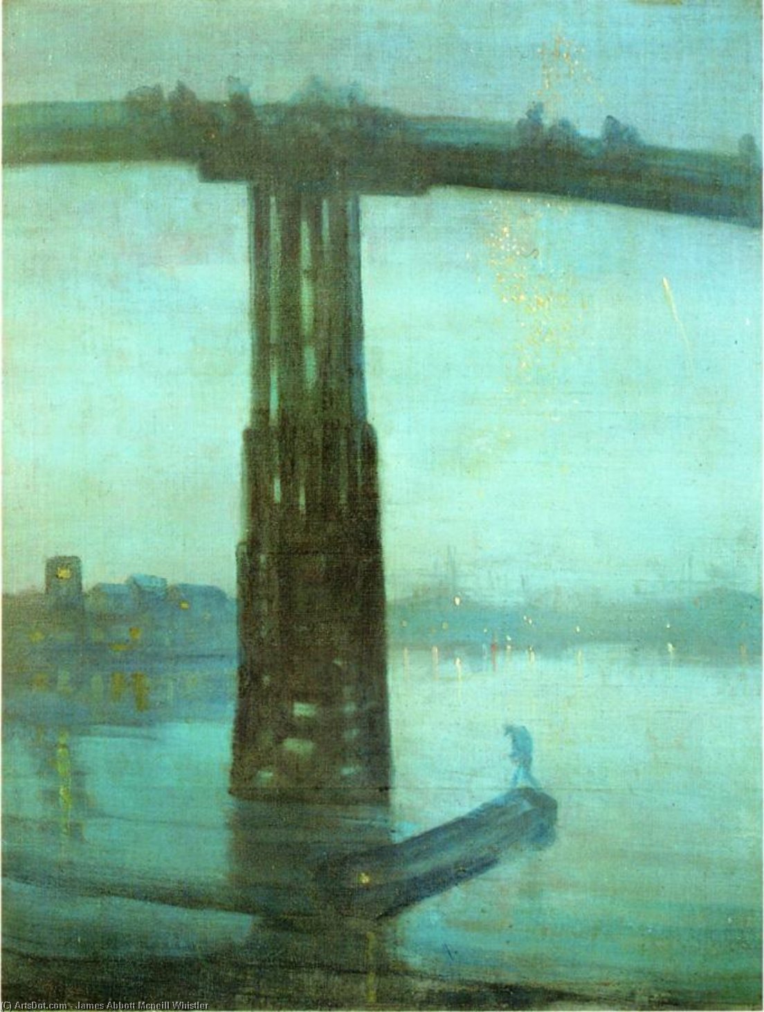 Wikioo.org – L'Enciclopedia delle Belle Arti - Pittura, Opere di James Abbott Mcneill Whistler - Notturno azzurro  e le  square gold  -   vecchio  Ponte di Battersea