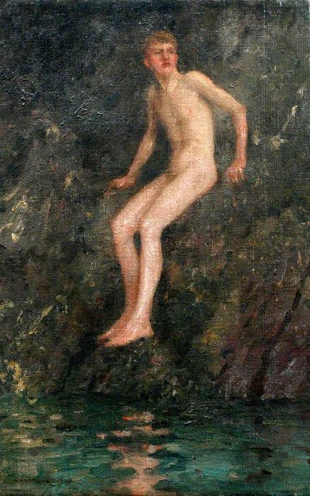 Wikioo.org - The Encyclopedia of Fine Arts - Painting, Artwork by Henry Scott Tuke - Nude Boy on Rocks
