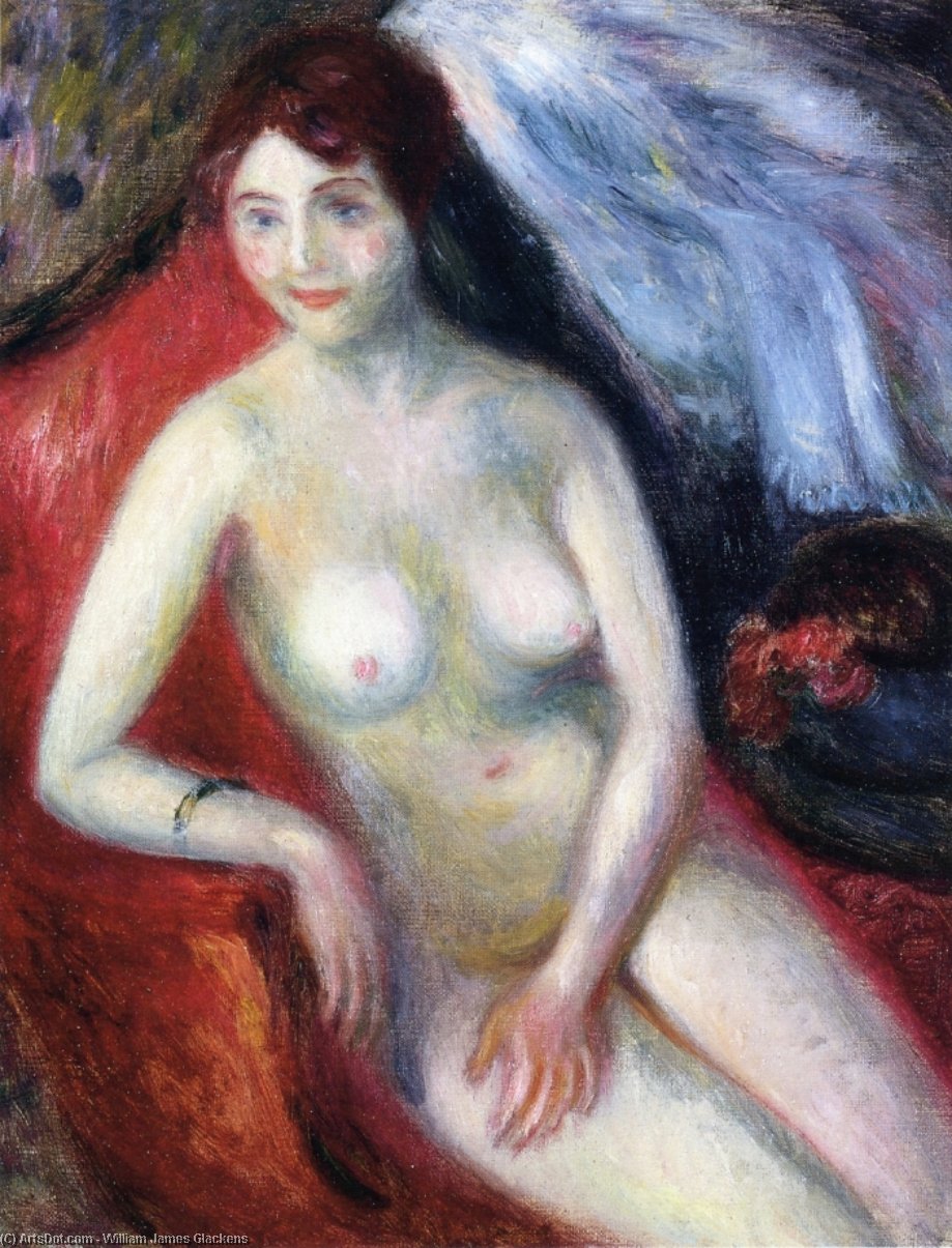 Wikioo.org – La Enciclopedia de las Bellas Artes - Pintura, Obras de arte de William James Glackens - En nude Un  rojo  sofá