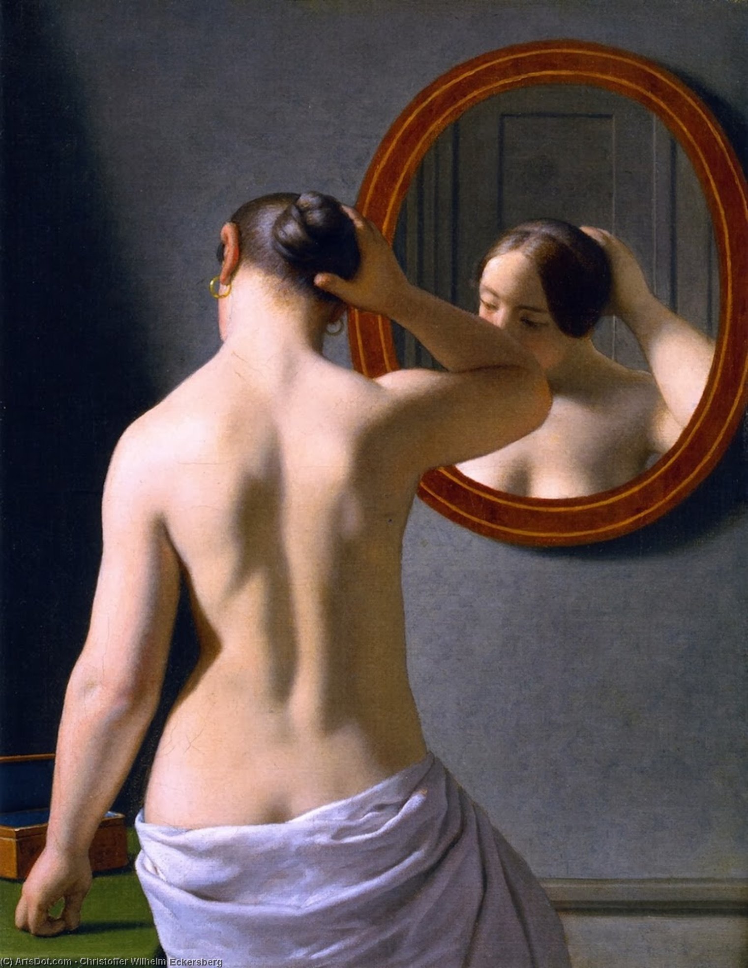 Wikioo.org - The Encyclopedia of Fine Arts - Painting, Artwork by Christoffer Wilhelm Eckersberg - A Nude Woman doing her Hair before a Mirror