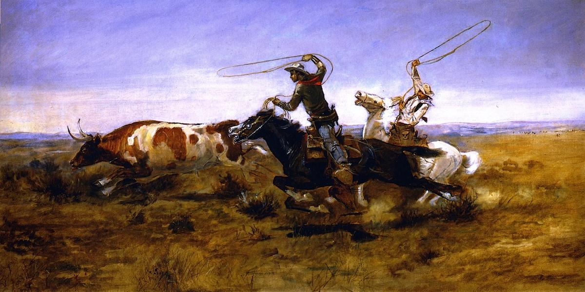 Wikioo.org - The Encyclopedia of Fine Arts - Painting, Artwork by Charles Marion Russell - OH Cowboys Roping a Steer