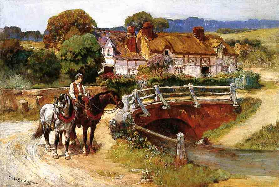 Wikioo.org - The Encyclopedia of Fine Arts - Painting, Artwork by Frederick Arthur Bridgman - The Old Bridge, Normandy