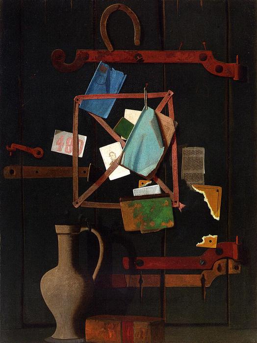 Wikioo.org - The Encyclopedia of Fine Arts - Painting, Artwork by John Frederick Peto - The Old Closet Door - Rack and Horseshoe with Dutch Jat