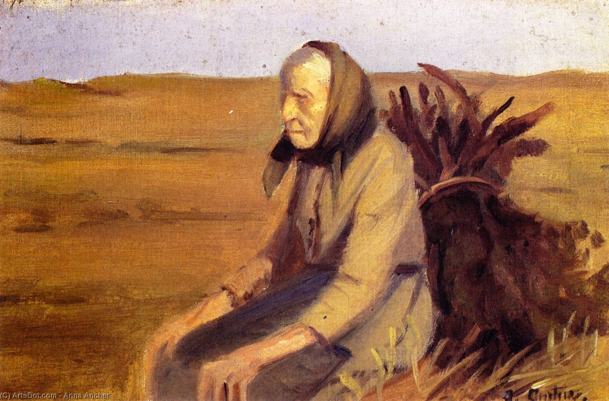 Wikoo.org - موسوعة الفنون الجميلة - اللوحة، العمل الفني Anna Kirstine Ancher - Old Woman with Bundle of Brushwood