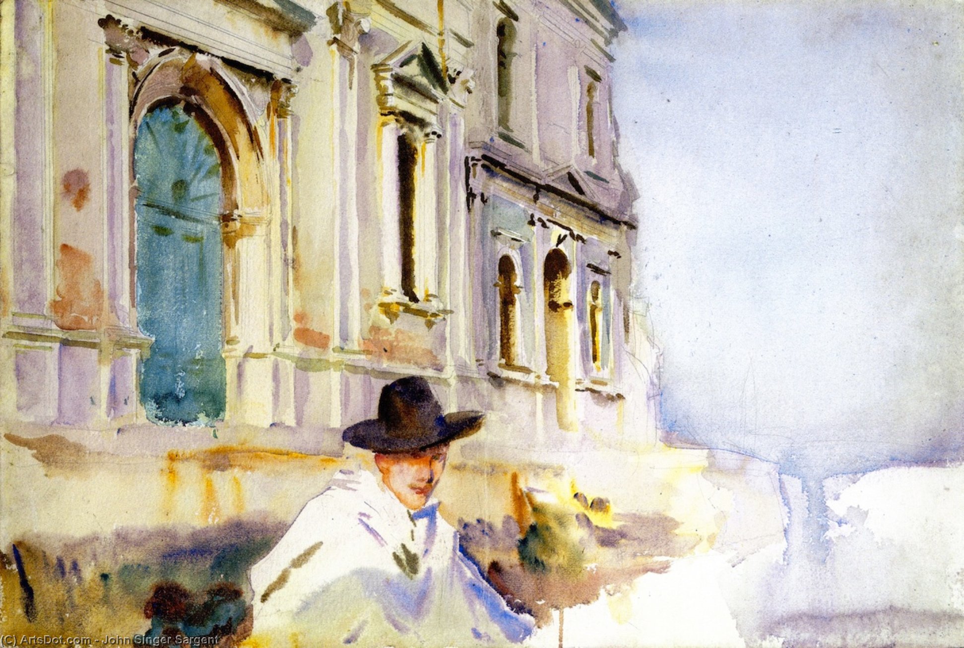 Wikioo.org - Die Enzyklopädie bildender Kunst - Malerei, Kunstwerk von John Singer Sargent - Auf dem Zattere ( auch bekannt als Mann in ein Gondel , Venedig )