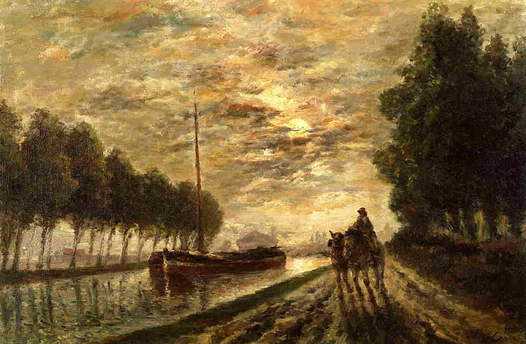 Wikioo.org - The Encyclopedia of Fine Arts - Painting, Artwork by Stanislas Lepine - The Ourcq Canal, Towpath, Moonlight