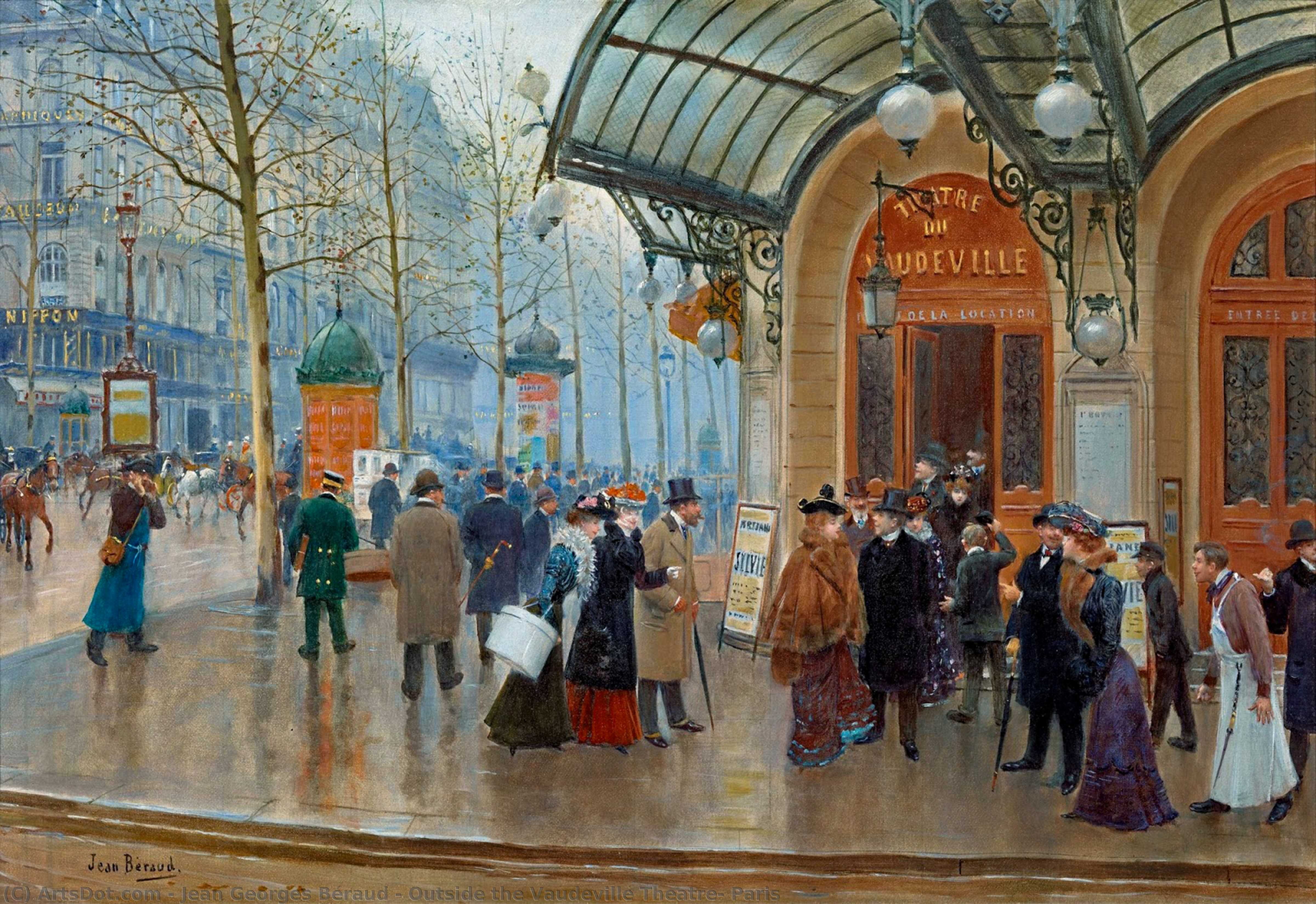 Wikioo.org - The Encyclopedia of Fine Arts - Painting, Artwork by Jean Georges Béraud - Outside the Vaudeville Theatre, Paris