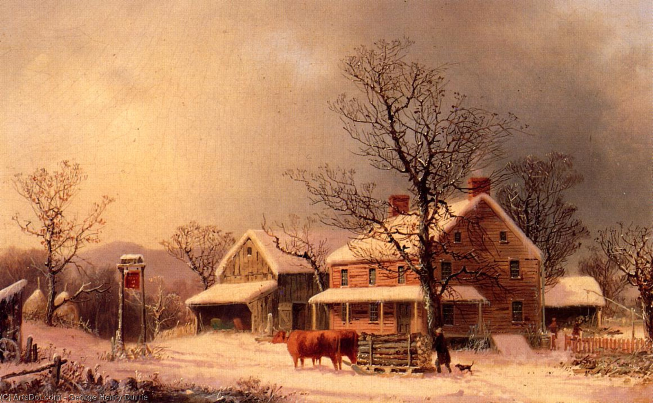 Wikioo.org - The Encyclopedia of Fine Arts - Painting, Artwork by George Henry Durrie - Oxen Hauling Logs on a Sled